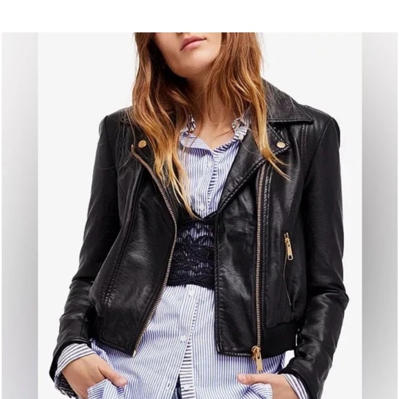 Free People Modern Vegan Bomber Jacket Gold Zip Up Moto Faux-Leather - Picture 6 of 6